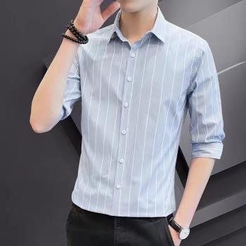 時尚韓版修身學生七分袖條紋襯衫