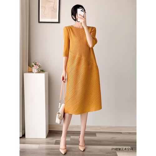 PY高級感褶皺連衣裙寬松大碼女裝春秋季新款三宅氣質中長款裙子薄