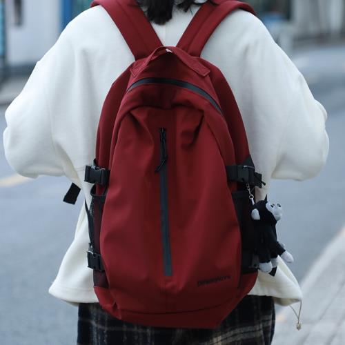 酒紅色美式大容量書包女大學生男生背包男輕便登山包紅色雙肩包