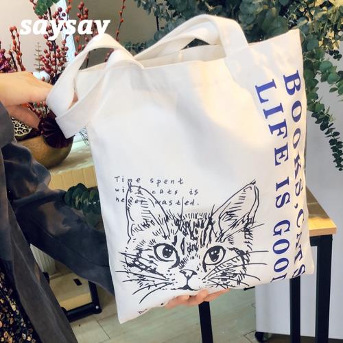 bgc自制小貓原創帆布包手繪純棉布袋包包單肩手提環保袋卡通復古