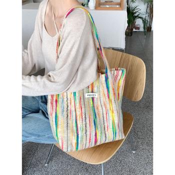 韓版彩虹條紋單肩包小眾設計女士帆布包大容量購物袋休閑托特包