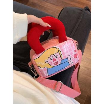 輕便外出小拎包卡通可愛小眾設計感帆布包粉色學生黨斜挎枕頭包潮
