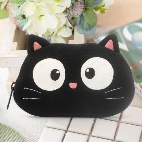 kine貓純棉布立體可愛卡通小黑貓迷你零錢包手拿學生卡包耳機包女