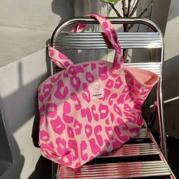小眾質感韓版帆布包粉色豹紋托特包大容量單肩包女包包2023新款潮