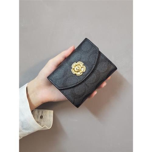 ins花山茶錢包女短款2025新款歐美時尚復古印花多卡位折疊零錢包