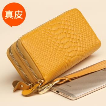 真皮女士放手機黃色招財長款錢包