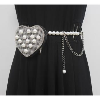 mini鏈條珍珠閃鉆愛心編織腰包