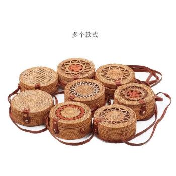 Woven Rattan Round Straw Shoulder Bag Women Summer Handmade