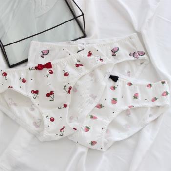 甜美草莓櫻桃印花螺紋棉少女內褲