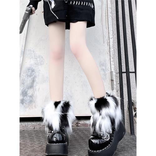 y2k千禧辣妹毛絨襪套女冬季保暖加厚jk原宿黑白色仿皮草毛毛腿套