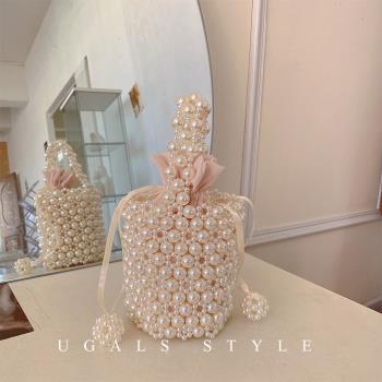 UGALS法式復古仙女diy材料包手工編織串珠珍珠包包水桶手提斜挎包