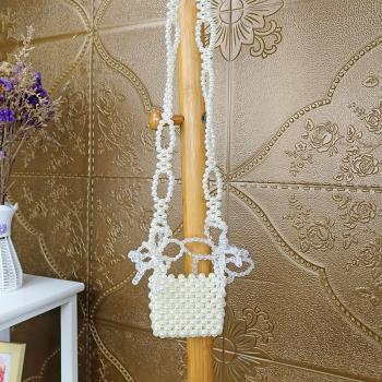 手工串珠成品mini花鏈珍珠包方形DIY編織包蝴蝶結ins小可愛斜挎包