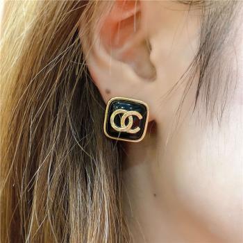 雙面方鉆包包金屬黃銅氣質女耳環