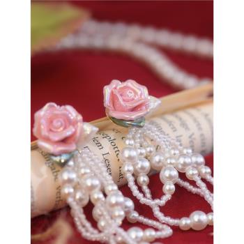 【薔薇少女】春夏新款法式花朵串珠耳環度假風甜美長款珍珠耳飾女