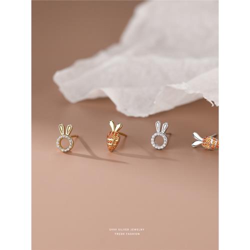 【珈尤飾品】999純銀耳釘珍珠兔子蘿卜耳釘女養耳洞耳釘可愛耳環