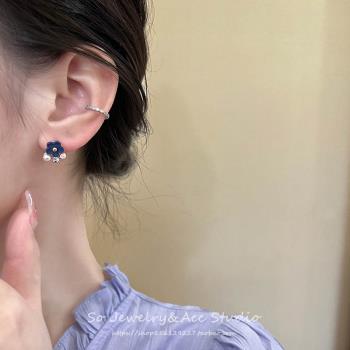 復古法式藍色花朵珍珠耳釘女夏季耳環2023年新款潮冷淡風簡約耳飾