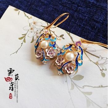 鍍金珍珠中國風景泰藍耳飾品琺瑯