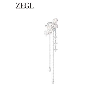 ZEGL設計師冰透玫瑰系列四芒星流蘇耳夾女無耳洞耳骨夾仿珍珠耳環