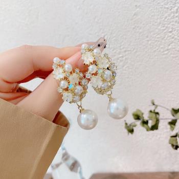 方臉貝殼花朵珍珠氣質款獨特耳環