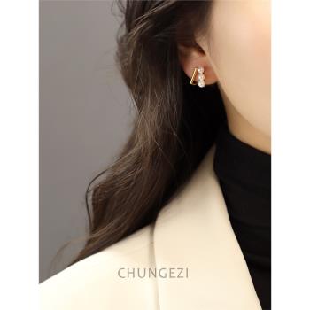 春格子法式珍珠耳釘女小眾設計感高級無痛耳夾耳環女2023年新款潮