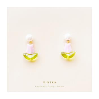 VIVEKA原創法式淡水珍珠耳釘復古琉璃郁金香耳環簡約氣質耳夾女仙