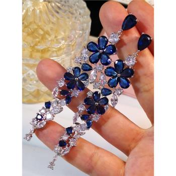 歐美宮廷復古耳環寶藍氣質鑲嵌鋯石花朵氣質水滴流蘇鏤空女奢華