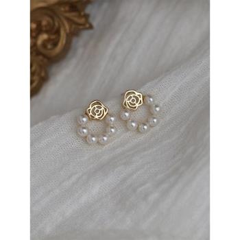 法式復古珍珠玫瑰花朵s925純銀耳環可愛耳飾耳圈耳釘女2021年新款