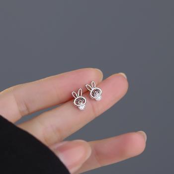 鋯石閃鉆兔子可愛兒童耳飾品足銀