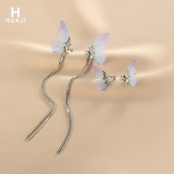 花跡紫色蝴蝶長款流蘇耳夾韓國小眾設計無耳洞耳骨夾個性氣質耳飾