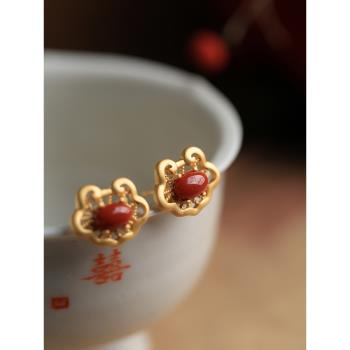 天然南紅瑪瑙純銀古法金長命鎖耳釘女高階感紅色復古國風耳環耳飾