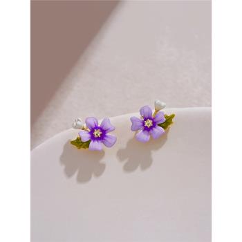高級感琺瑯釉紫色小花耳釘設計感法式復古氣質花朵耳環2023年新款