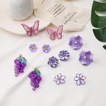 紫色珍珠小清新葡萄蝴蝶耳環花朵