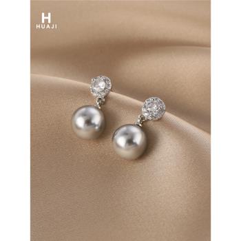 花跡法式復古珍珠耳釘女s925銀針減齡小眾耳飾高級感個性鑲鉆耳環
