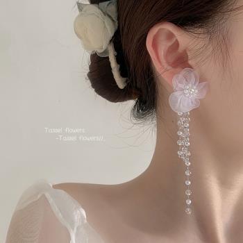 超仙花朵珍珠耳釘高級感長款流蘇耳環網紅輕奢高級感顯臉瘦耳飾女