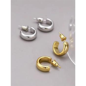 豆豆推薦法式復古925銀針耳圈耳飾歐美個性優雅C型電鍍真金銅耳環