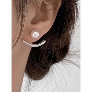 小眾設計感韓國高級感珍珠一字圓弧銀針耳環2022年新款潮高級耳釘