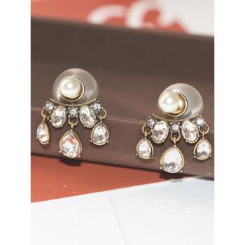復古大小珍珠后戴式水滴鋯石耳環