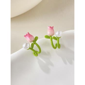 粉色郁金香耳釘可愛甜美適合夏天的耳環花朵款925銀針耳飾女夏季
