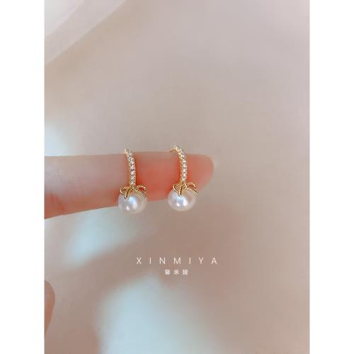 韓國精致蝴蝶結珍珠耳釘女純銀針簡約小巧輕奢網紅耳環2025年新款