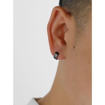 YiJian 925純銀耳環男黑色學生單只耳扣女寬面素圈耳釘小眾設計感