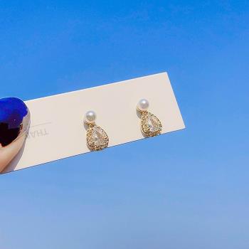 純銀滿鉆鋯石耳釘女簡約輕奢小眾設計珍珠水滴耳飾耳環2023年新款