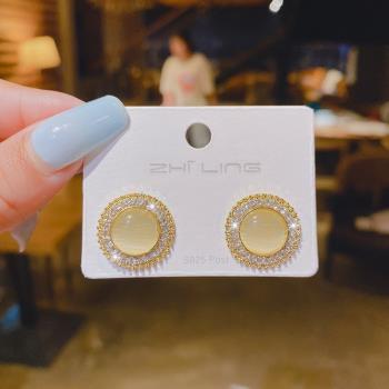 s925銀針圓圈貓眼石耳釘耳環韓國氣質復古設計感耳飾簡約小巧飾品