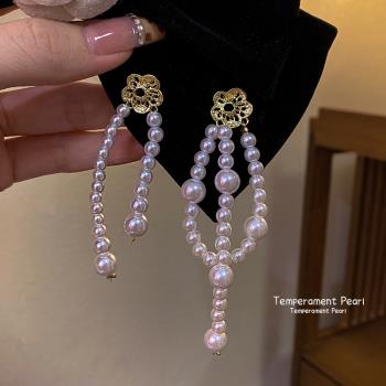 復古珍珠長款流蘇花朵耳環女高級感法式耳釘2022年新款潮氣質耳飾