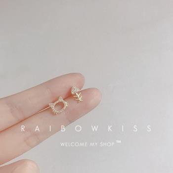 韓國925純銀貓咪魚骨頭耳釘可愛鑲滿鉆不對稱金色耳飾耳環鍍金女
