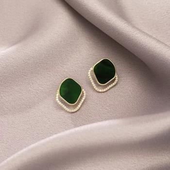 綠色復古不規則幾何S925銀針耳環女流行新款氣質網紅感簡約耳飾
