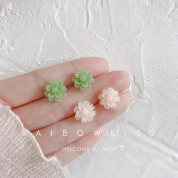 仙氣滿滿小眾設計感花朵抹茶綠耳釘時尚925純銀塑料花朵耳釘女