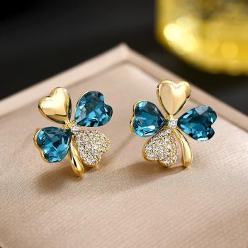 輕奢高級感愛心四葉草葉子耳環s925銀針優雅氣質藍色花朵樹葉耳飾