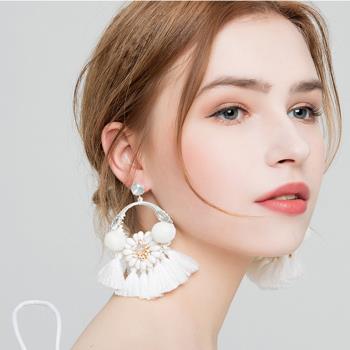 時尚民族風鑲鋯石夸張耳飾歐美時尚氣質個性水晶米珠流蘇扇形耳墜