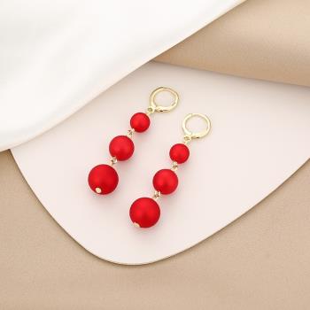 韓國紅色大小珍珠新年喜慶氣質長款流蘇耳飾2023年新款網紅潮耳環