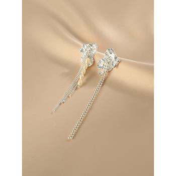 花跡不對稱流蘇耳環女s925銀針幾何珍珠鏈條耳飾冷淡風氣質耳釘潮